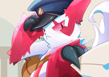 adjusting_hat ambiguous_gender bag clothing delivery_(commerce) delivery_employee envelope feral hat headgear headwear letter looking_at_viewer postal_carrier postal_delivery red_eyes solo three-quarter_view upia nintendo pokemon generation_3_pokemon pokemon_(species) zangoose hi_res