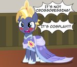 blonde_hair blue_eyes blush clothing cosplay crossplay crown dialogue dress feral freckles hair headgear male quadruped solo text tiara badumsquish friendship_is_magic hasbro my_little_pony star_tracker_(mlp) equid equine horse mammal pony english_text hi_res