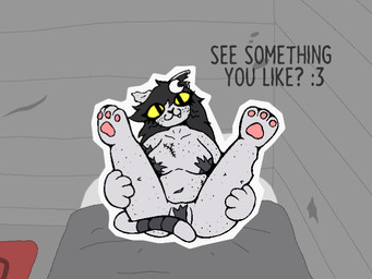 accessory anthro bedroom black_hair breasts covered_nipples covered_vulva detailed_background dialogue duct_tape female freckles fur grey_body grey_fur hair hair_accessory medium_breasts nipple_tape pasties pawpads pussy_tape slightly_chubby surgical_suture tape teasing teasing_viewer dimsun rossie_(dimsun) felid feline mammal