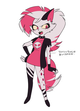 anthro clothed clothing collar female simple_background solo spiked_collar spikes tail text white_background yellow_sclera enaic31 hazbin_hotel hellaverse crymini_(hazbin_hotel) demon hyena mammal spotted_hyena absurd_res hi_res japanese_text translation_request
