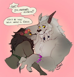 anthro black_nose blush bodily_fluids bra bracelet chest_tuft claws clothed clothing dialogue duo fangs female floral flower flower_crown flower_garland fur garland grey_body grey_fur hair head_wreath jewelry larger_anthro larger_male leaning_in long_hair male male/female nervous plant sharp_teeth size_difference smaller_anthro smaller_female speech_bubble sweat sweatdrop teeth text topless topless_male tuft underwear underwear_only white_body white_fur yellow_eyes buxbi blizzard_entertainment warcraft genn_greymane canid mammal werecanid werecreature worgen colored english_text