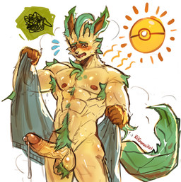 abs anthro armpit_hair ball_tuft balls big_penis blush bodily_fluids body_hair chest_tuft dripping erection genital_fluids genitals green_tail happy_trail humanoid_genitalia humanoid_penis leaf leaf_tail male muscular muscular_anthro muscular_male pecs penis precum precum_drip precum_string solo standing sun sweat tail tuft vein veiny_penis yellow_body kikiamnikiely nintendo pokemon eeveelution generation_4_pokemon leafeon pokemon_(species) absurd_res hi_res