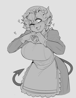 big_breasts blush bodily_fluids breasts cleavage clothed clothing female gesture heart_gesture heart_symbol horn huge_breasts looking_at_viewer maid_uniform milk not_furry solo spade_tail standing tail uniform krekk0v helltaker beelzebub_(helltaker) demon horned_humanoid humanoid hi_res monochrome