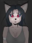 anthro black_nose black_sclera breasts cleavage clothed clothing fangs female markings red_eyes solo teeth text howl_echoes felid feline lynx mammal 3:4 absurd_res digital_media_(artwork) hi_res