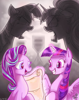 duo feathered_wings feathers female feral horn magic scroll wings jowybean friendship_is_magic hasbro my_little_pony mythology starlight_glimmer_(mlp) twilight_sparkle_(mlp) equid equine mammal mythological_creature mythological_equine unicorn winged_unicorn 2016