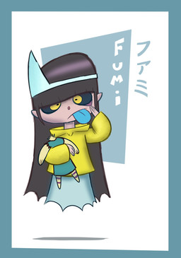 black_hair black_sclera blue_background blue_border blue_text blue_tongue border clothing coat doll eyelid_pull eyelid_pull_taunt female female_humanoid floating front_view geometric_background gesture hair hime_cut hitaikakushi holding_doll jacket long_hair pink_body pink_skin raincoat simple_background solo text tongue tongue_out topwear white_background yellow_clothing yellow_eyes yellow_jacket_(clothing) yellow_topwear young young_female young_humanoid artist-exhale asian_mythology east_asian_mythology japanese_mythology mythology humanoid spirit yokai yurei 2024 character_name colored english_description english_text full-length_portrait hi_res japanese_text portrait