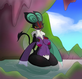 anthro anthrofied areola bath bedroom_eyes biped black_body black_skin blush breasts cave chest_tuft curvy_figure detailed_background female genitals half-closed_eyes hand_on_breast kneeling looking_at_viewer membrane_(anatomy) membranous_wings mountain multicolored_body multicolored_skin narrowed_eyes navel nipples non-mammal_breasts nude overweight overweight_female partially_submerged pokemorph pond pubes purple_body purple_skin sagging_breasts seductive sitting solo tail thick_thighs tongue tongue_out tuft two_tone_body two_tone_skin voluptuous vulva water wet wide_hips winged_arms wings yellow_eyes iguanasarecool european_mythology mythology nintendo pokemon dragon generation_6_pokemon mythological_creature mythological_scalie noivern pokemon_(species) scalie western_dragon wyvern 2017 absurd_res digital_media_(artwork) hi_res