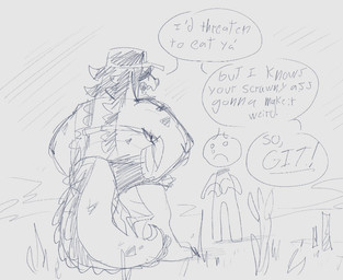 ambiguous_gender ambiguous_human anthro bodily_fluids bottomwear clothed clothed_anthro clothed_female clothing crying denim denim_bottomwear denim_clothing denim_shorts duo female female_anthro frown hair hands_on_hips hat headgear headwear male male/ambiguous mouth_closed open_mouth plant shorts speech_bubble tail tail_ridge tears text thick_tail unclecucky sue_(unclecucky) alligator alligatorid crocodilian human mammal reptile scalie 2025 digital_drawing_(artwork) digital_media_(artwork) english_text sketch