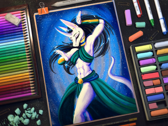 anthro biped clothed clothing collar dancing digital_pastel_(artwork) ear_piercing eastern equis_universe exposed_armpit female gold_(metal) makeup night pastel_(object) piercing smile solo universe sunny_way roxanne_ta'aner ki'rinaes 2021 4:3 digital_media_(artwork) digital_painting_(artwork) painting_(artwork) portrait three-quarter_portrait