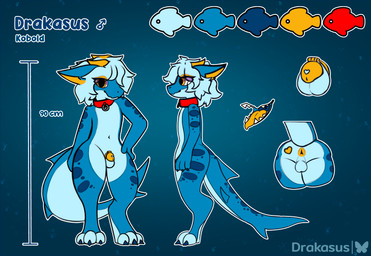 anthro anus balls butt chastity_cage chastity_device collar curly_hair femboy front_view genitals hair makeup male measurements metric_unit mouth_shot open_mouth shark_tail short side_view solo stated_height stated_species text thick_thighs drakasus aquatic fish hybrid kobold scalie shark absurd_res character_name colored digital_media_(artwork) hi_res model_sheet