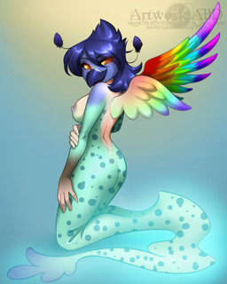 anthro apode beak big_breasts blue_beak blue_hair breasts butt female hair legless markings nipples non-mammal_breasts non-mammal_nipples nude rainbow_wings serpentine solo spiral spiral_eyes split_form spots spotted_body tail wings yellow_sclera abluedeer avian draconcopode naga 2022 4:5 digital_media_(artwork) hi_res
