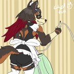 1:1 ambiguous_gender anthro black_body black_fur black_hair bulge calico_fox canid canine carpet chelfox chelfoxart cleaning_tool clothing cross_fox ear_piercing ear_ring facial_piercing fox fur garter_belt garter_straps hair hi_res lip_piercing lip_ring long_hair maid_apron maid_uniform mammal nonbinary_(lore) nose_piercing nose_ring piercing red_body red_fox red_fur red_hair ring_piercing solo true_fox underwear uniform vacuum_cleaner wallpaper_(decoration) white_body white_fur yellow_eyes