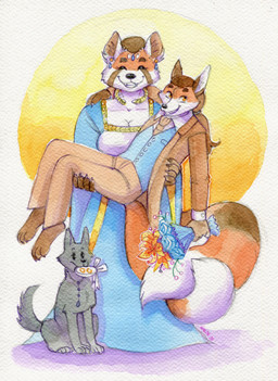 4_toes 5_fingers anthro anthro_on_anthro barefoot bottomwear bouquet breasts bridal_carry brown_hair carrying_another cheek_tuft claws cleavage clothed clothing dress duo facial_tuft feet female finger_claws fingers flower flower_bouquet fur gloves_(marking) hair hindpaw humanoid_hands husband_and_wife jacket leg_markings loincloth love male markings married_couple melee_weapon multicolored_body multicolored_fur orange_body orange_fur paws plant red_body red_fur socks_(marking) teeth toe_claws toes topwear tuft two_tone_body two_tone_fur weapon white_body white_fur sanssouci alfred_(umpherio) kaguya_(umpherio) ailurid canid canine canis domestic_dog fox mammal red_fox red_panda true_fox hi_res painting_(artwork) traditional_media_(artwork) traditional_painting_(artwork) traditional_watercolor_(artwork) watercolor_(artwork)
