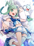 ambiguous_gender blush breasts clothed clothing duo female green_eyes green_hair hair looking_at_viewer one_eye_closed gonzarez1938 nintendo pokemon lisia_(pokemon) human mammal mega_altaria mega_evolution pokemon_(species) 2022 hi_res