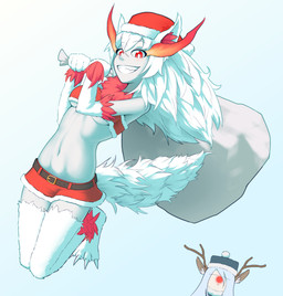 alternate_color ankle_tuft antlers arm_tuft biped bottomwear breasts christmas_clothing christmas_headwear claws clothed clothing costume duo female fire flaming_eyes front_view fur grin hair hat headgear headwear holding_object holidays horn hotpants jumping leg_tuft light_body light_skin long_hair looking_at_viewer medium_breasts midair midriff monotone_hair monster_girl_(genre) navel neck_tuft pupils red_body red_eyes red_fur red_nose sack santa_costume santa_hat shorts slim smile solo_focus three-quarter_view toe_claws tuft under_boob white_body white_claws white_fur white_hair white_pupils white_skin wrist_tuft einarrz christmas monster_girl_encyclopedia mythology hellhound_(mge) animal_humanoid canid canid_demon canid_humanoid canine canine_humanoid deer deer_humanoid demon hellhound horned_humanoid humanoid mammal mammal_humanoid mythological_canine mythological_creature digital_media_(artwork) full-length_portrait hi_res portrait
