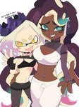 animal_humanoid breasts cephalopod cephalopod_humanoid cleavage clothed clothing clothing_lift crown dark_body dark_skin duo female headgear hi_res humanoid inkling kiirono light_body light_skin looking_at_viewer marina_(splatoon) marine marine_humanoid mollusk mollusk_humanoid navel nintendo octarian octoling open_mouth pearl_(splatoon) pseudo_hair shirt shirt_lift signature simple_background smile splatoon suction_cup tentacle_hair tentacles tongue tongue_out topwear