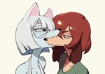 2021 annoyed anthro bite breasts brown_hair canid canine canis cleavage clothed clothing collarbone colo domestic_dog duo ears_down eyewear female female/female floppy_ears glasses hair helena_richter hi_res mammal misha_(colo) pivoted_ears scar simple_background white_background white_hair
