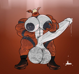 anthro arm_hair balls belly_hair big_balls big_muscles big_pecs big_penis black_body black_fur bodily_fluids body_hair chest_hair clothing dripping erection facial_hair fur genital_fluids genitals hairy hairy_balls hat headgear headwear huge_balls huge_muscles huge_pecs huge_penis hyper hyper_balls hyper_genitalia hyper_muscles hyper_pecs hyper_penis leg_hair male muscular muscular_male nipples pecs penis precum precum_drip pubes red_body red_fur solo white_body white_fur bigsmoulder bandai_namco digimon digimon_(species) guilmon hi_res