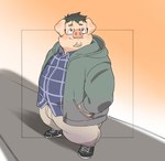 anthro belly big_belly bottomwear clothing eyewear glasses hoodie kemono male overweight overweight_male pants shirt solo topwear inunoshippo domestic_pig mammal suid suine sus_(pig) 2022 hi_res