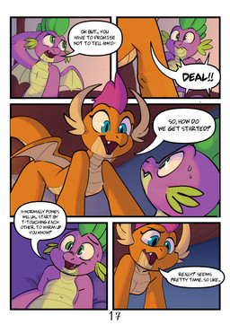all_fours anthro bed blue_eyes dialogue duo female furniture happy inside male male/female nervous orange_body speech_bubble tail text wings young elicitie friendship_is_magic hasbro my_little_pony mythology smolder_(mlp) spike_(mlp) dragon mythological_creature mythological_scalie reptile scalie absurd_res comic digital_media_(artwork) english_text hi_res