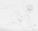 2_toes 4_fingers all_fours anthro big_breasts breast_rest breasts butt eyelashes feet female fingers hair huge_breasts long_tail non-mammal_breasts solo tail teeth toes tongue tongue_out sbshouseofpancakes amphibia_(series) disney general_yunan amphibian newt salamander monochrome traditional_media_(artwork)