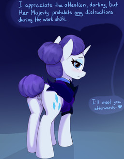 animal_genitalia animal_vulva butt clothed clothed_feral clothing cutie_mark dialogue equine_genitalia equine_vulva eyebrows eyelashes eyeshadow female feral genitals hair heart_symbol hooves horn looking_at_viewer looking_back makeup purple_hair purple_tail quadruped solo speech_bubble tail talking_feral text vulva white_body rnghat friendship_is_magic hasbro my_little_pony mythology rarity_(mlp) equid equine mammal mythological_creature mythological_equine unicorn absurd_res english_text hi_res