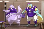 anthro belly biceps big_belly big_butt butt clothed clothing detailed_background digitigrade eyewear fangs fur furniture glasses green_body hair locker_room male narrowed_eyes navel open_mouth overweight overweight_male partially_clothed pecs purple_body purple_fur purple_hair raised_tail smile sports_uniform table tail teeth biglovealicia alligator alligatorid canid canine crocodilian fox mammal reptile scalie 2024 cel_shading hi_res shaded signature