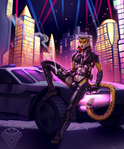 anthro armor armored_boots body_armor bodysuit boots building bulge car cigarette cigarette_smoke city city_background claws clothing criminal cybernetics cyberpunk cyberware detailed_bulge dreadlocks exposure_variation finger_claws fingerless_gloves footwear front_view fur futuristic garter_straps gauntlets gloves green_hair gun hair handgun handwear holding_cigarette holding_object holstered_pistol knife latex latex_bodysuit latex_clothing latex_legwear latex_skinsuit latex_thigh_highs legwear looking_at_viewer machine male markings neon neon_glow night one_leg_up pistol raised_leg ranged_weapon red_eyes seductive shoes sitting_on_car skinsuit skyscraper smile smiling_at_viewer smirk smirking_at_viewer smoke smuggler solo spotlight spots spotted_body spotted_fur straps tactical_belt thigh_highs thong tight_clothing toe_claws toeless_boots toeless_footwear translucent translucent_latex unconvincing_armor underwear vehicle weapon ladychimaera cd_projekt_red cyberpunk_2077 russ_cybercheetah cheetah felid feline mammal 2023 5:6 hi_res