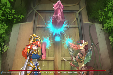 anthro balls blush bodily_fluids clothing cum cumshot disembodied_penis duo_focus ejaculation eyebrows eyelashes female genital_fluids genitals glory_balls group hair long_hair male male/female male/male melee_weapon oral penis plant sex shield sword text vines weapon sugarlesspaints calpain vanurii equid equine mammal 2022 digital_media_(artwork) english_text hi_res url