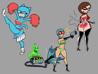 3_fingers 5_fingers alternate_costume angry anthro arms_bent armwear bar_emanata bare_shoulders big_breasts big_butt big_eyes big_mouth_(anatomy) biped black_armwear black_boots black_clothing black_domino_mask black_elbow_gloves black_eyebrows black_eyemask black_eyes black_footwear black_gloves black_handwear black_high_heeled_boots black_high_heels black_legwear black_markings black_mask black_shoes black_thigh_boots black_thigh_highs blue_body blue_bodysuit blue_breasts blue_clothing blue_ears blue_fur blue_skinsuit blue_tail blush blush_lines blushing_profusely bodily_fluids bodysuit boots bottomwear bottomwear_down bow_(feature) bow_panties bow_underwear bra breast_size_difference breasts brown_hair butt button_(fastener) cheerleader cheerleader_outfit cleaning_tool clenched_teeth clothed clothed_anthro clothed_female clothing clothing_bow crop_top curved_eyebrows curved_tail dark_hair dark_markings domino_mask elbow_gloves emanata embarrassed empty_eyes extended_arms extended_leg eyebrows eyelashes eyemask eyewear facial_markings female female_anthro female_human fingers fire footwear frown fur glistening glistening_breasts glistening_butt gloves goggles green_body green_bow green_bra green_clothing green_panties green_underwear grey_background grey_markings group gun hair handwear head_markings head_turned high_heeled_boots high_heels holding_gun holding_object holding_pom_poms holding_ranged_weapon holding_weapon iris larger_female larger_human legwear light_body light_fur light_markings light_skin lips lipstick long_eyelashes looking_at_another looking_back makeup male male_humanoid markings mask mature_anthro mature_female mature_human medium_breasts medium_hair monotone_background monotone_tail multicolored_clothing multicolored_crop_top multicolored_mask multicolored_shirt multicolored_topwear muzzle_(marking) no_pupils nude nude_humanoid nude_male on_one_leg open_mouth open_smile panties partially_clothed partially_clothed_female partially_clothed_human pink_nose plantigrade pointing_gun pointy_ears pointy_nose pom_poms pose prick_ears raised_heel ranged_weapon red_blush red_bodysuit red_clothing red_lipstick red_panties red_pom_poms red_skinsuit red_underwear reddened_butt sharp_teeth shirt shoes simple_background size_difference skimpy skinsuit skirt skirt_down small_nose smaller_humanoid smaller_male smile smiling_at_another snout standing steam straight_legs surprised sweat sweaty_arms sweaty_body sweaty_legs sweaty_skin sweaty_thighs tail tan_lips teeth thick_bottom_lip thick_thighs thigh_boots thigh_highs thin_eyebrows three-quarter_view tight_clothing topwear torn_bodysuit torn_clothing torn_skinsuit two_tone_clothing two_tone_crop_top two_tone_mask two_tone_shirt two_tone_topwear underwear vacuum_cleaner wardrobe_malfunction weapon whisker_markings white_bottomwear white_clothing white_eyebrows white_footwear white_sclera white_shoes white_skirt wide_hipped_anthro wide_hipped_female wide_hipped_human wide_hips mrskeliebonez cartoon_network danny_phantom disney nickelodeon pixar the_amazing_world_of_gumball the_incredibles helen_parr maddie_fenton nicole_watterson domestic_cat felid feline felis ghost human humanoid mammal spirit 2025 4:3 absurd_res crossover digital_drawing_(artwork) digital_media_(artwork) hi_res
