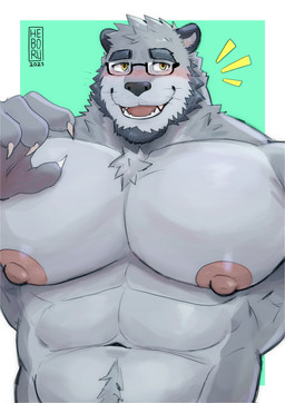 abs anthro beard big_muscles big_nipples big_pecs blush border chest_tuft claws eyewear facial_hair finger_claws fur glasses green_background grey_body grey_fur grey_hair hair logo male muscular muscular_anthro muscular_male navel nipples open_mouth pecs rectangular_glasses simple_background smile solo tuft whiskers white_border yellow_eyes heboruuu siggy_(storiaxion) mammal mustelid otter 2023 absurd_res artist_logo dated hi_res