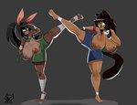 anthro big_breasts bottomwear breasts clothing dominican_flag eyewear female female/female glasses huge_breasts karate kick latina mexican pose shorts gomezcat candy_the_mongoose lagomorph leporid mammal rabbit small_indian_mongoose hi_res pinup