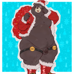 anthro balls bell_accessory belly belly_overhang blush brown_body brown_fur christmas_clothing christmas_headwear clothing costume facial_scar flaccid foreskin fur genitals hat headgear headwear holidays larger_but_small male micropenis moobs navel nipples overweight overweight_male penis pronounced_browridge sack santa_costume santa_hat scar shoes_without_bottomwear small_balls small_penis smile solo thick_thighs thigh_strap fluffo_boyo christmas mihoyo zenless_zone_zero ben_bigger bear mammal 1:1 full-length_portrait hi_res portrait