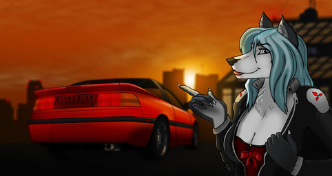 anthro black_nose blue_hair breasts car city clothed clothing dusk female fur gesture hair hand_gesture jacket looking_at_viewer outside pointing pose solo sunset teal_hair topwear vehicle white_body white_fur hyenatig mitsubishi canid canine canis domestic_dog husky mammal nordic_sled_dog spitz
