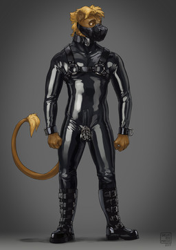 anthro balls bdsm bodysuit bondage boots bound brown_body brown_fur chastity_cage chastity_device clothing collar cuff_(restraint) footwear fur genitals glistening glistening_clothing harness latex latex_clothing latex_skinsuit looking_aside male muzzle_(object) muzzled orange_eyes penis restraints shoes simple_background skinsuit solo standing submissive submissive_male tail tail_tuft tight_clothing tuft wrist_cuffs deusexmoose felid lion mammal pantherine 2017 digital_media_(artwork) hi_res signature