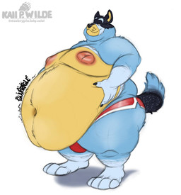 anthro areola belly belly_grab big_belly claws clothed clothing fur gurgle_(sound_effect) hand_on_belly male morbidly_obese morbidly_obese_anthro morbidly_obese_male mouth_closed navel nipples obese obese_anthro obese_male overweight overweight_anthro overweight_male paws raised_tail rumbling_stomach smile solo standing tail text thick_thighs underwear underwear_only wide_hips husky2paws bluey_(series) bandit_heeler australian_cattle_dog canid canine canis cattledog domestic_dog herding_dog mammal pastoral_dog 2026 hi_res signature