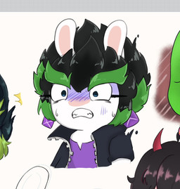 amethyst_(gem) anthro black_clothing black_hair black_jacket black_topwear blue_eyes bodily_fluids clenched_teeth clothed clothed_anthro clothing duo ear_piercing eyebrows eyelashes fangs female female_anthro fur gem green_clothing green_hair hair horn jacket light long_ears mostly_offscreen_anthro mostly_offscreen_character mostly_offscreen_humanoid multicolored_hair open_clothing open_jacket open_topwear piercing purple_clothing purple_ear_piercing purple_shirt purple_topwear red_horn scared shirt short_hair simple_background small_nose solo_focus speech_bubble spiky_hair sweat sweatdrop tan_inner_ear teeth text thick_eyebrows topwear torn_clothing torn_shirt torn_topwear two_tone_hair white_background white_body white_fur peypey_mei1925 mario_bros mario_plus_rabbids_sparks_of_hope nintendo raving_rabbids rayman_(series) ubisoft dark_moon_(peypey_mei1925) edge_(mario_plus_rabbids) demon demon_humanoid horned_humanoid humanoid lagomorph mammal rabbid 2025 colored crossover digital_drawing_(artwork) digital_media_(artwork) english_description lighting shaded