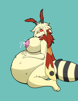 antennae_(anatomy) anthro areola big_breasts bodily_fluids breasts female fluffy hair hand_on_belly huge_breasts hyper hyper_pregnancy kneeling lactating looking_at_viewer navel neck_tuft nipples open_mouth outie_navel pregnant red_eyes solo stripes tan_body tuft wings firepawdacat arthropod insect lepidopteran moth hi_res