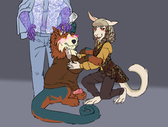 alcohol ambiguous_gender animal_genitalia anthro balls beverage blue_body blue_fur bottomwear clothed clothing container cup drinking_glass drunk erection female feral fur genitals glass glass_container glass_cup group hair hand_on_hip kneeling looking_at_viewer male open_mouth orange_eyes penis red_eyes simple_background smile standing substance_intoxication tail topwear trio white_body white_fur puppyratcat mythology avian canid canine canis gryphon hybrid mammal mythological_avian mythological_creature rodent