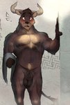 animal_genitalia anthro balls big_balls blush brown_body darkened_balls darkened_genitalia darkened_penis darkened_sheath ear_piercing facial_hair fully_sheathed fur genitals goatee holding_object horn looking_at_viewer male musclegut muscular muscular_anthro muscular_male navel nipples pecs penis piercing sheath solo steam surprise wet jumpy_jackal newport bear bovid bovine hybrid mammal absurd_res hi_res shaded