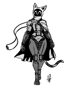anthro armor body_armor cape clothing female machine scarf screen screen_face simple_background solo unknown_artist zochiel felid mammal robot monochrome