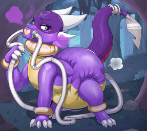 aphrodisiac_gas big_diaper blue_eyes clothed clothing diaper diaper_fetish diaper_puff diapersuit fart_tubes female feral forest gas_mask hosesuit mask plant purple_body purple_scales scales solo tight_clothing tree wearing_diaper bunnykisses activision mythology spyro_the_dragon cynder spyro dragon mythological_creature mythological_scalie scalie hi_res