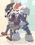 adolescent anthro blush bottomwear clothed clothing confusion crossdressing duo female hug male shorts sportswear tongue tongue_out young kitsune2000 nintendo pokemon cinderace generation_8_pokemon obstagoon pokemon_(species)