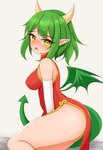 asian_clothing blush blush_lines bodily_fluids breasts butt chinese_clothing chinese_dress clothed clothing dragon_tail dragon_wings dress east_asian_clothing female green_eyes green_hair hair horn humanoid_pointy_ears legwear looking_at_viewer open_mouth pantyhose pointy_ears reptile_tail simple_background sitting solo sweat sweatdrop tail white_background wings ayatori draco_centauros humanoid 2024 digital_media_(artwork) hi_res