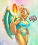 abstract_background anthro big_breasts bikini bra breasts camel_toe charizard cleavage clothed clothing dragon exposure_variation female fire flaming_tail generation_1_pokemon green_eyes huge_breasts membrane_(anatomy) membranous_wings muscular muscular_anthro muscular_female mythological_creature mythological_scalie mythology navel nintendo nipple_outline non-mammal_breasts orange_body orange_skin pokemon pokemon_(species) pokemorph pose scalie simple_background smile solo swimwear tail tailzkim two-piece_swimsuit underwear wings