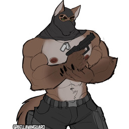 abs anthro army army_clothing army_outfit balaclava barazoku belt biceps big_muscles big_pecs black_balaclava black_belt black_bottomwear black_clothing black_jeans black_mask black_pants bottomwear brown_body brown_fur bulge claws clothed clothing denim denim_bottomwear denim_clothing dog_tags eye_scar eyebrows facial_scar fur green_eyes gun handgun holding_gun holding_handgun holding_object holding_pistol holding_ranged_weapon holding_weapon jeans looking_at_viewer male manly mask military military_clothing military_pants multicolored_body multicolored_fur muscular muscular_anthro muscular_arms muscular_male muscular_thighs nipples pants pecs pistol presenting presenting_body ranged_weapon scar showing_off_muscles simple_background soldier solo standing tactical tactical_belt tactical_gear tactical_pants thick_arms thick_eyebrows thick_thighs topless topless_anthro topless_male tough_guy two_tone_body two_tone_fur warrior weapon white_background white_body white_fur bella_vanguard mythology canid canine canis mammal mythological_canine mythological_creature werecanid werecanine werecreature werewolf wolf hi_res