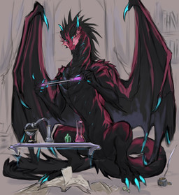 alchemy ambiguous_gender black_body blue_claws blue_eyes book claws d20 d4 dice feral fire flask floating_object glowing_object holding_object horn inkwell looking_at_viewer loose_feather magic quill red_body solo spines tail wings laobai mythology bai_(laobai) dragon_bai_(laobai) dragon mythological_creature mythological_scalie scalie hi_res