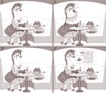 4koma alcohol anthro base_two_layout beverage big_breasts breasts brown_theme clothing comic demon dialogue dress duo english_text female four_frame_grid four_frame_image giraffe giraffe_mom giraffid greyscale grid_layout hi_res male mammal mature_anthro mature_female monochrome overweight overweight_female pith regular_grid_layout reluctant_pred shyguy9 text toony two_row_layout unguligrade_anthro willing_prey wine