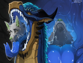 almost_fully_inside anthro blue_body blue_hair bodily_fluids bubble drooling drooling_tongue duo eating fangs feet_first feral fin fire flippers fur grey_body grey_fur hair head_in_mouth horn light_mouth male mouth_shot open_mouth piercing saliva scales snout spikes swallowing teeth throat tongue tongue_out vore yellow_body yellow_eyes hoffersanchez mythology drembonaarkrah canid canine canis dragon mammal mythological_creature mythological_scalie scalie wolf hi_res