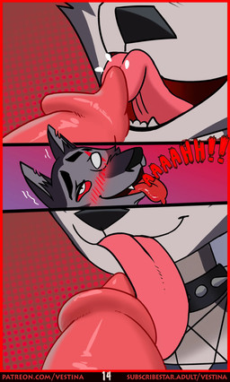 animal_genitalia animal_penis anthro blush blush_lines bodily_fluids canine_genitalia canine_penis close-up collar duo erection female genitals grey_body infidelity licking looking_pleasured male male/female open_mouth oral penile penis penis_lick red_eyes saliva sex smile tongue tongue_out vestina hellaverse helluva_boss mythology loona_(helluva_boss) vortex_(helluva_boss) canid canid_demon canine demon hellhound mammal mythological_canine mythological_creature 2025 animated animated_comic comic hi_res long_playtime no_sound video